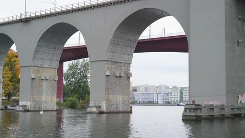 Passing under the tower bridge area in Stockholm Sweden Stock Footage 99400689