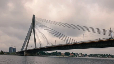 Passing Under Vansu Bridge - Cable Stayed Bridge on Riga Daugava River 스톡 동영상 122379607
