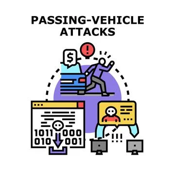 Passing vehicle attacks concept revealing cybercrime and digital theft Stock Illustration