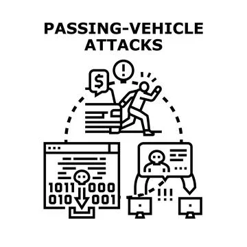Passing vehicle attacks concept revealing cybercrime and digital theft Stock Illustration