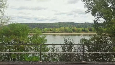 Passing view of the Rhine River and green trees from a moving train window,.. Stock Footage 346654058