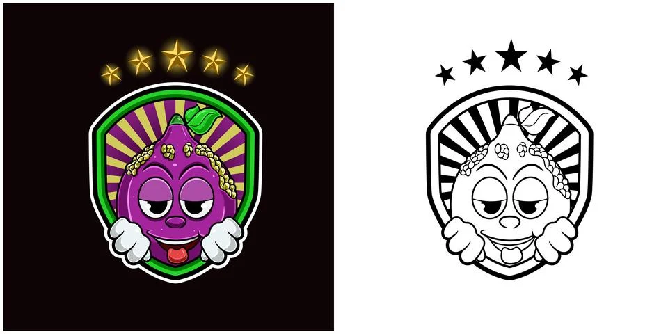 Passion Fruit Character Cartoon with High and Smiling. Badge and Stars Light. Stock Illustration