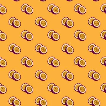 Passion Fruit flat seamless pattern on orange background. Illustrazione stock