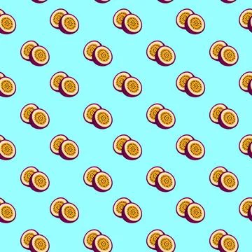 Passion Fruit flat seamless pattern on blue background. Stock Illustration
