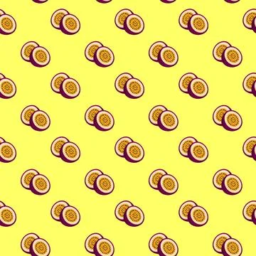 Passion Fruit flat seamless pattern on yellow background. Stock Illustration
