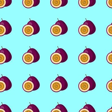 Passion Fruit flat seamless pattern on blue background. Stock Illustration