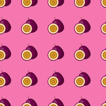 Passion Fruit flat seamless pattern on pink background. Stock Illustration