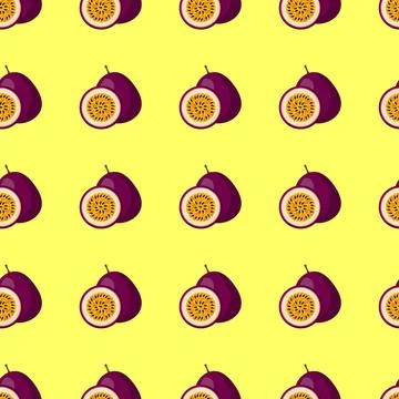 Passion Fruit flat seamless pattern on yellow background. 스톡 일러스트