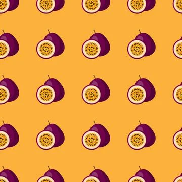 Passion Fruit flat seamless pattern on orange background. Stock Illustration