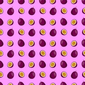 Passion Fruit flat seamless pattern on purple background. Stock Illustration