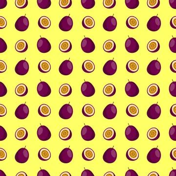 Passion Fruit flat seamless pattern on yellow background. Stock Illustration