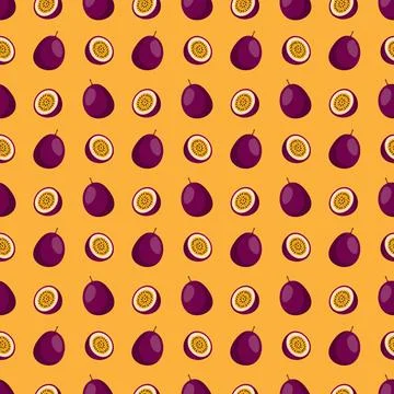 Passion Fruit flat seamless pattern on orange background. Stock Illustration