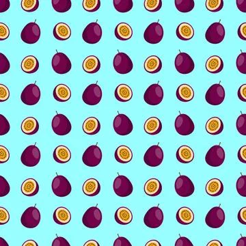 Passion Fruit flat seamless pattern on blue background. Stock Illustration