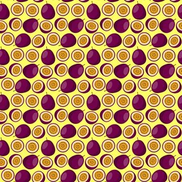 Passion Fruit flat seamless pattern on yellow background. Stock Illustration