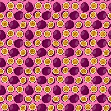 Passion Fruit flat seamless pattern on pink background. Stock Illustration
