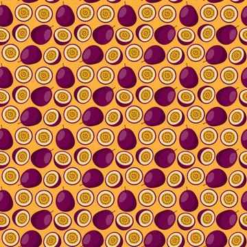 Passion Fruit flat seamless pattern on orange background. Stock Illustration