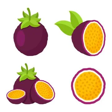 Passion fruit icon set collection in flat style. Passionfruit vector illust.. Stock Illustration