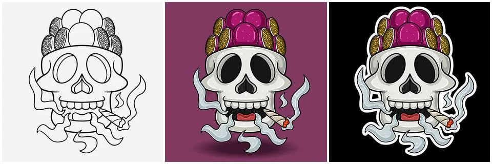 Passion Fruit Inside Skull Head With Smoking Character Cartoon. Black White.. Stock Illustration