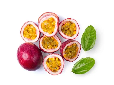 Passion fruit with leaf isolated on the white background. top view Stock Photos