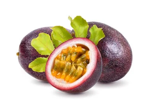 Passion fruit with leaf on white background Stock Photos