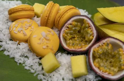 Passion fruit macaroons close up 2 Stock Photos