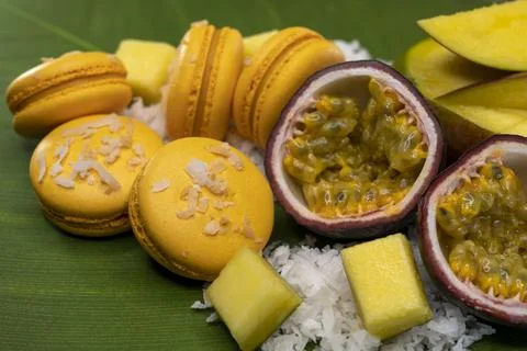 Passion fruit macaroons close up 3 Stock Photos