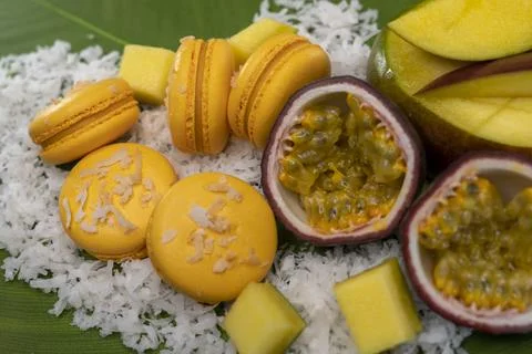 Passion fruit macaroons close up Stock Photos