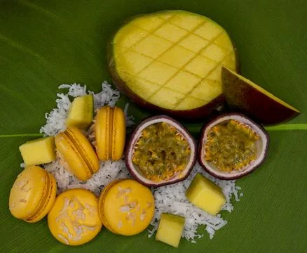 Passion fruit macaroons in tropical background  Stock Photos