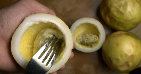 Passion fruit pulp being stirred with a fork, close-up Video stock 301017357