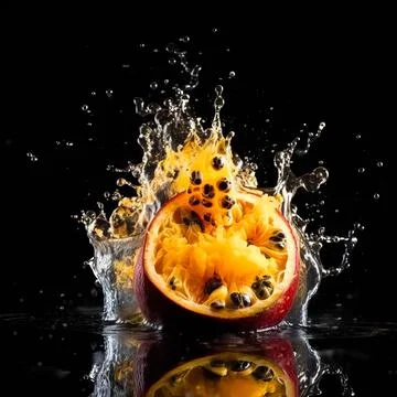 Passion fruit slice in the splash of water on isolated black background. Stock Illustration