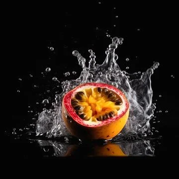 Passion fruit slice in the splash of water on isolated black background. Stock Illustration