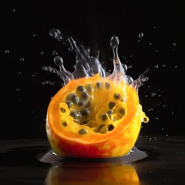 Passion fruit slice in the splash of water on isolated black background. 스톡 일러스트