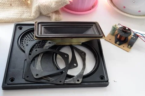 Passive emitter, front panel and speaker spacers from speaker system. Stock Photos