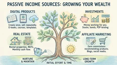 Passive income sources growing wealth with digital products investments rea.. Stock Illustration