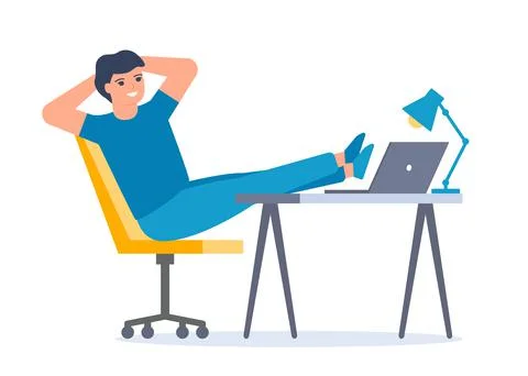 Passive work, man relax on computer. Man rest on workplace. Lazy tired person Illustrazione stock