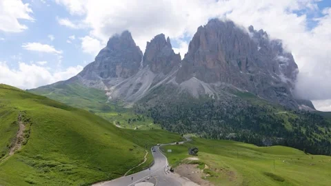 Passo Sella Città dei Sassi, Sassolungo (Sasslong), Dolomites. drone aerial view Stock Footage 289343766