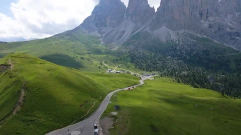 Passo Sella Città dei Sassi, Sassolungo (Sasslong), Dolomites. drone aerial view Stock Footage 289344056