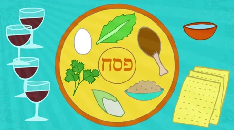 Passover animation with seder elements. Happy Passover greeting at the end. Stock Footage 61353341