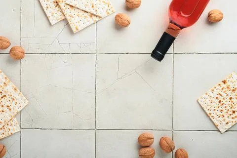 Passover celebration concept. Matzah, red kosher walnut. Traditional ritual J Stock Photos