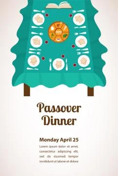 Passover  dinner, seder pesach. table with passover plate and traditional foo Stock Illustration