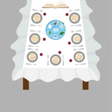 Passover  dinner, seder pesach. table with passover plate and traditional foo Stock Illustration