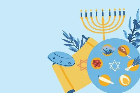 Passover greeting background with seder plate, menorah and olives, torus Stock Illustration