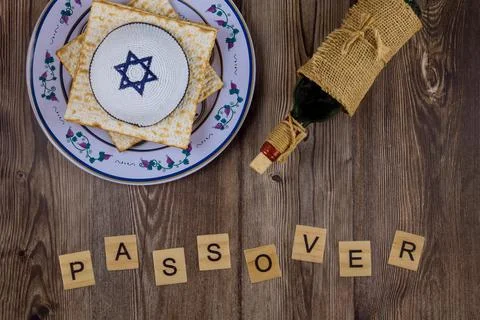 Passover holiday traditional celebration with wine kosher matzah on Jewish Pe Stock Photos
