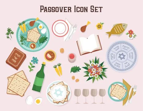 Passover icon set with Seder plate Hagadah and wine-Vector Stock Illustration