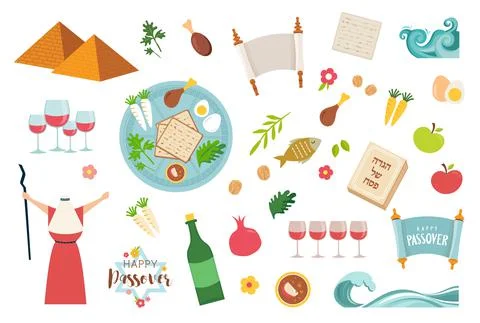 Passover icons set. flat, cartoon style. Jewish holiday of exodus Egypt Stock Illustration