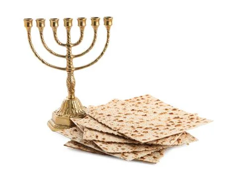 Passover matzos and Menorah isolated on white. Pesach celebration Stock Photos