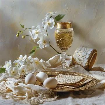 Passover, Passover holiday, Passover composition, wine, matzo, egg, greens,.. Foto stock