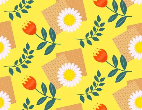 Passover seamless pattern with matzah and flowers spring. Pesach endless Stock Illustration
