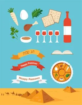 Passover seder plate with flat trasitional icons over a desert background Stock Illustration