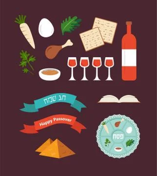 Passover seder plate with flat trasitional icons over a desert background Stock Illustration